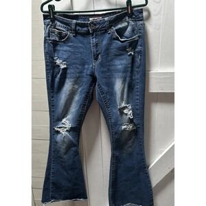 True Luck Women's Jeans Size 13/14 Dark Wash Distressed Flare Frayed Hem Hippie
